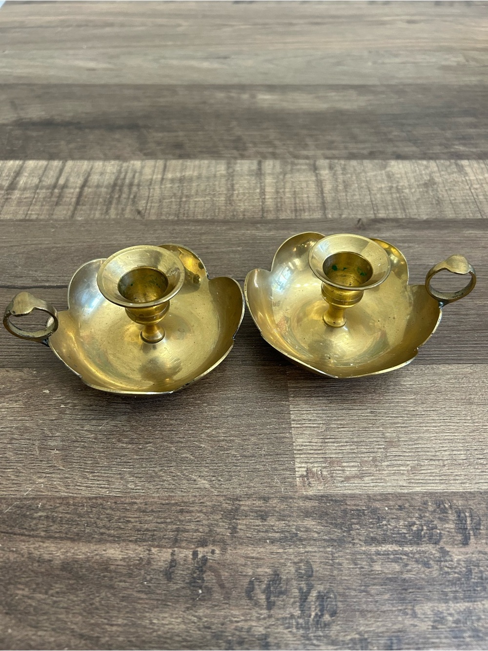 Vintage Brass Scalloped Chamberstick Candleholders with Finger Loop - Set of 2